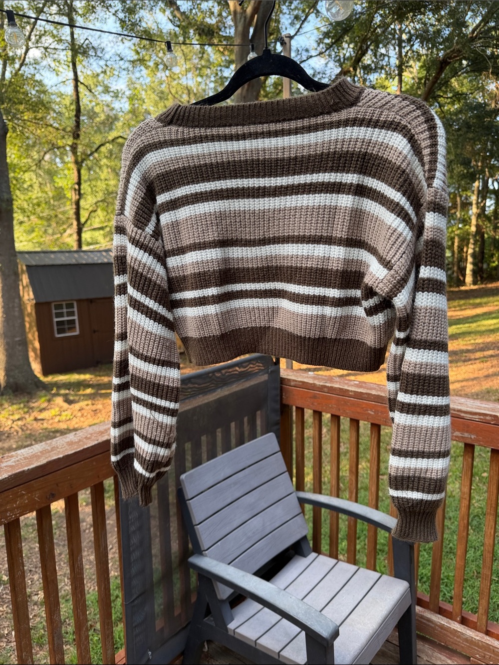 SHEIN Brown & Cream Striped Crewneck Sweater
